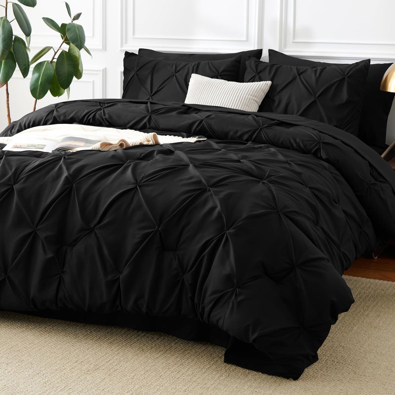CozyLux King Size Comforter Set Black, 7 Pieces Pintuck Bed in A Bag Black Comforter King Size, Pinch Pleat Bedding Set with All Season Comforter, Sheets, Pillowcases & Shams - Image 1