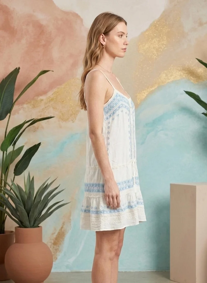Alaya white with blue embroidery Women Embroidered  Rayon Sleevless Dress -AL3713 for Women | Best Price UAE