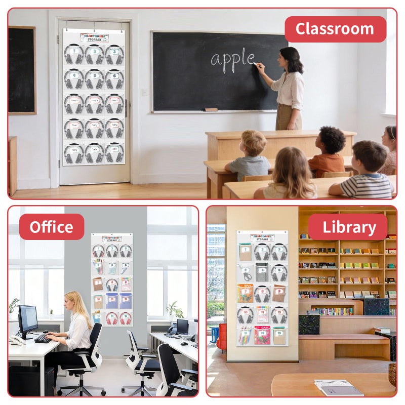 BOHEMIABY Headphone Storage Classroom with 15 Durable Polyester Mesh Pockets, Door Hanging Headphone Holder for Classroom Library, Headphone Organizer with 61 Reusable Card & 3 Hooks - Image 2