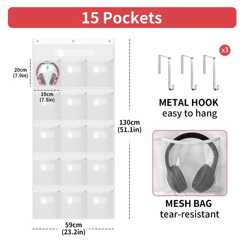 BOHEMIABY Headphone Storage Classroom with 15 Durable Polyester Mesh Pockets, Door Hanging Headphone Holder for Classroom Library, Headphone Organizer with 61 Reusable Card & 3 Hooks - Image 5