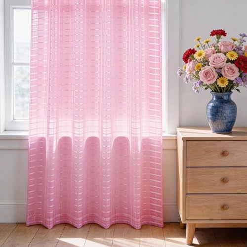 SpaceDresser Check Sheer Curtains 84 Inches 2 Panels Set, Rod Pocket Plaid Window Curtain for Living Room, Pink Semi Sheer Drapes for Kitchen Bedroom Children Room Yard（Pink, 52W x 84L） - Image 3