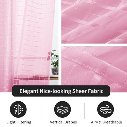 SpaceDresser Check Sheer Curtains 84 Inches 2 Panels Set, Rod Pocket Plaid Window Curtain for Living Room, Pink Semi Sheer Drapes for Kitchen Bedroom Children Room Yard（Pink, 52W x 84L） - Image 5