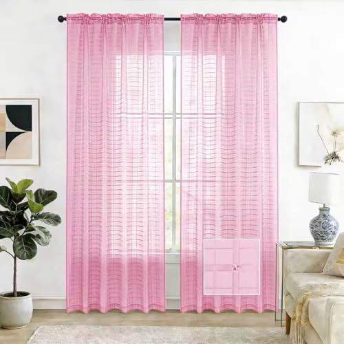 SpaceDresser Check Sheer Curtains 84 Inches 2 Panels Set, Rod Pocket Plaid Window Curtain for Living Room, Pink Semi Sheer Drapes for Kitchen Bedroom Children Room Yard（Pink, 52W x 84L） - Image 1