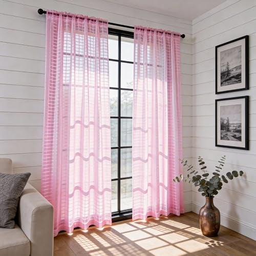 SpaceDresser Check Sheer Curtains 84 Inches 2 Panels Set, Rod Pocket Plaid Window Curtain for Living Room, Pink Semi Sheer Drapes for Kitchen Bedroom Children Room Yard（Pink, 52W x 84L） - Image 4