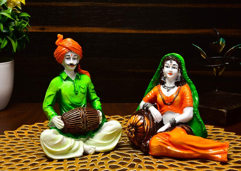 Karigaari India Handcrafted Rajasthani Couple Showpiece Polyresin Figurines of Lady in Resting Posture and Man Playing Dholak Traditional Home Decor Sculpture Ethnic Art Statue for Living Room Shelf - Image 1