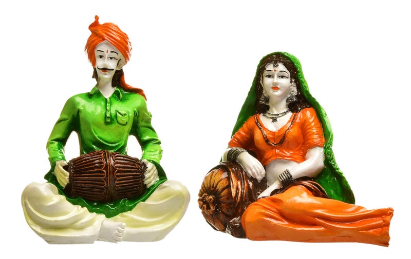 Karigaari India Handcrafted Rajasthani Couple Showpiece Polyresin Figurines of Lady in Resting Posture and Man Playing Dholak Traditional Home Decor Sculpture Ethnic Art Statue for Living Room Shelf - Image 2