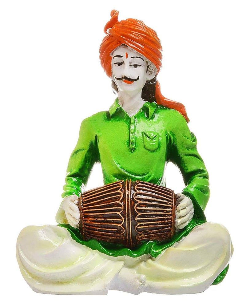 Karigaari India Handcrafted Rajasthani Couple Showpiece Polyresin Figurines of Lady in Resting Posture and Man Playing Dholak Traditional Home Decor Sculpture Ethnic Art Statue for Living Room Shelf - Image 3