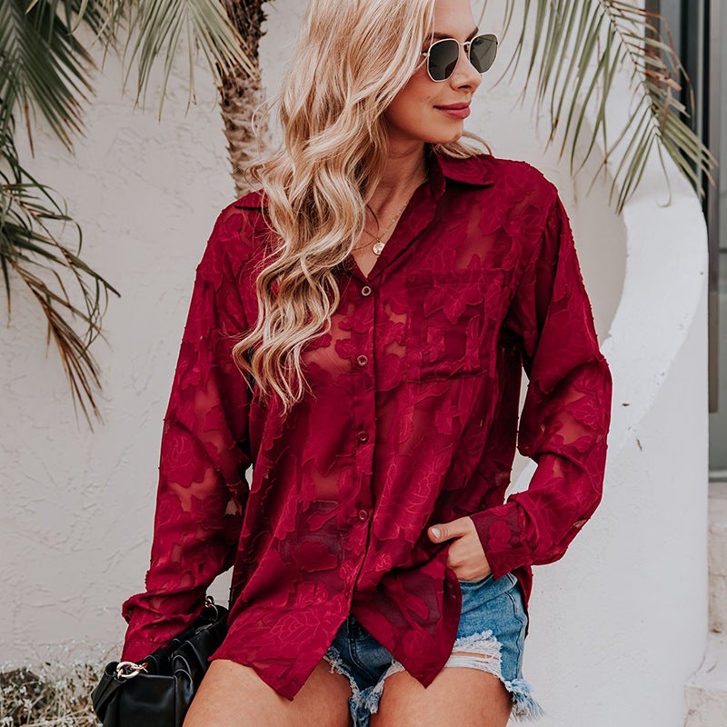 Niche Spring New Lace Fashion Long Sleeve Shirt Womens European and American Loose Casual Single Row Multi-button Chiffon Shirt Women Green - Image 2