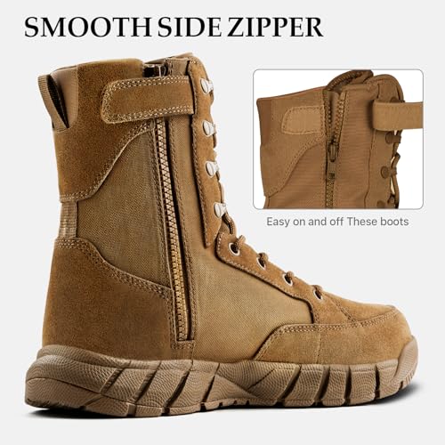 FREE SOLDIER Men's 8 Inch Tactical Side Zip Boots Military Army Work Boots Lightweight Combat Boot for Motorcycle Boot(Brown 11) - Image 2