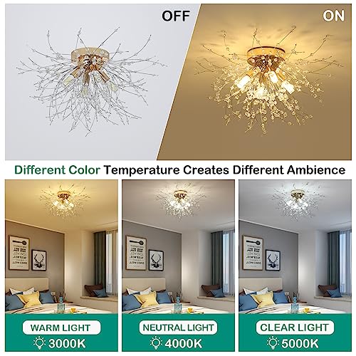 HMVPL Gold Crystal Flush Mount Ceiling Light, 4-Light Brass Mini Chandelier Light Fixture,Modern Sputnik Ceiling Light,Golden Light Fixture for Hallway Kitchen Foyer Nursery Closet Bedroom Dining Room - Image 3