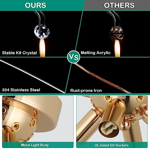HMVPL Gold Crystal Flush Mount Ceiling Light, 4-Light Brass Mini Chandelier Light Fixture,Modern Sputnik Ceiling Light,Golden Light Fixture for Hallway Kitchen Foyer Nursery Closet Bedroom Dining Room - Image 5