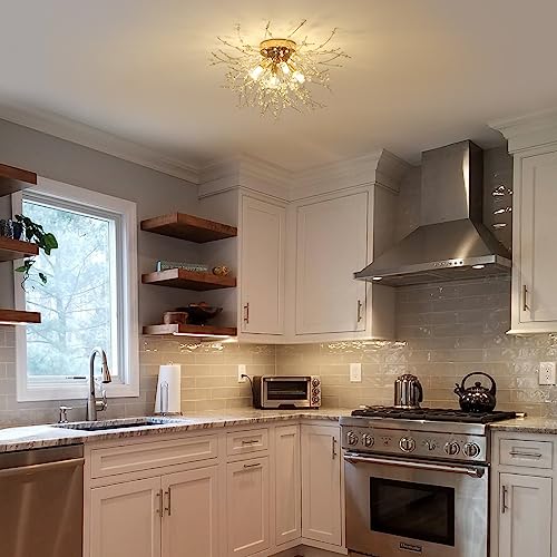 HMVPL Gold Crystal Flush Mount Ceiling Light, 4-Light Brass Mini Chandelier Light Fixture,Modern Sputnik Ceiling Light,Golden Light Fixture for Hallway Kitchen Foyer Nursery Closet Bedroom Dining Room - Image 2