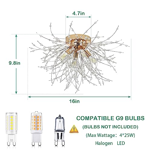 HMVPL Gold Crystal Flush Mount Ceiling Light, 4-Light Brass Mini Chandelier Light Fixture,Modern Sputnik Ceiling Light,Golden Light Fixture for Hallway Kitchen Foyer Nursery Closet Bedroom Dining Room - Image 4