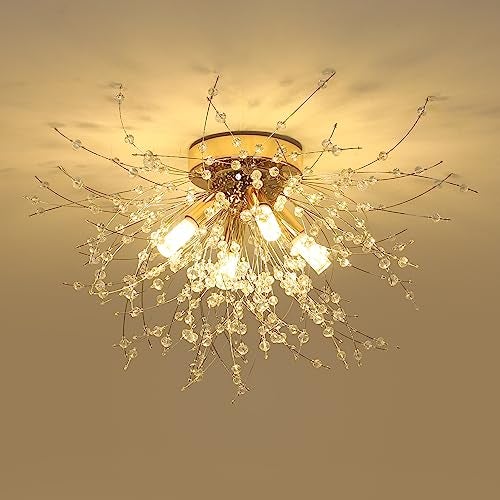 HMVPL Gold Crystal Flush Mount Ceiling Light, 4-Light Brass Mini Chandelier Light Fixture,Modern Sputnik Ceiling Light,Golden Light Fixture for Hallway Kitchen Foyer Nursery Closet Bedroom Dining Room - Image 1