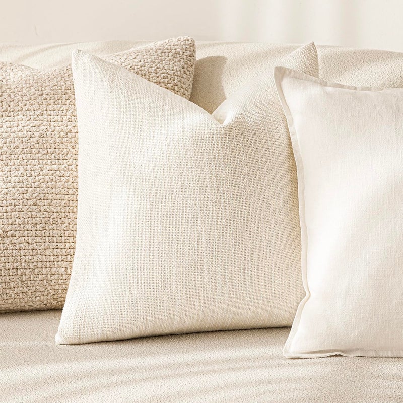 Foindtower Foindtower Set of 2 Decorative Textured Burlap Linen Throw Pillow Covers Farmhouse Boho Cushion Cover Solid Accent Pillowcase for Couch Sofa Bed Living Room Home Decor 18?18 Inch Cream White  - Image 4