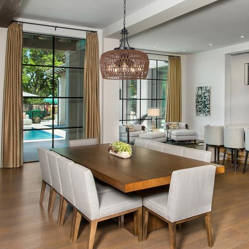 HMVPL Coffee Rattan Chandeliers for Dining Room, 5-Light Coastal Chandelier with Wicker Lampshade, Large Farmhouse Light Fixture, Boho Dining Room Chandelier for Island Kitchen Bedroom Living Room - Image 2