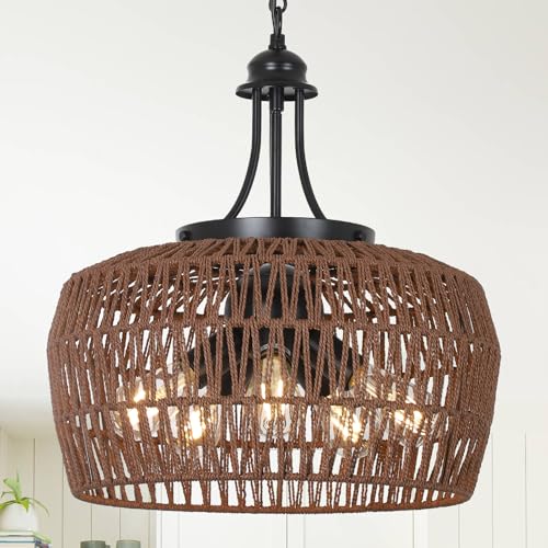 HMVPL Coffee Rattan Chandeliers for Dining Room, 5-Light Coastal Chandelier with Wicker Lampshade, Large Farmhouse Light Fixture, Boho Dining Room Chandelier for Island Kitchen Bedroom Living Room - Image 1