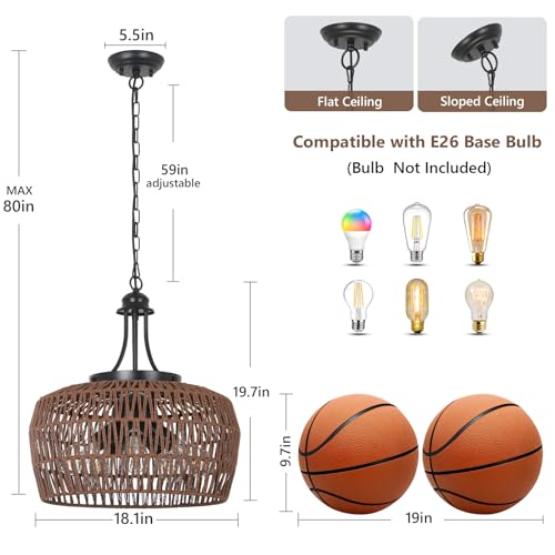 HMVPL Coffee Rattan Chandeliers for Dining Room, 5-Light Coastal Chandelier with Wicker Lampshade, Large Farmhouse Light Fixture, Boho Dining Room Chandelier for Island Kitchen Bedroom Living Room - Image 3
