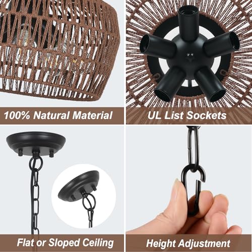 HMVPL Coffee Rattan Chandeliers for Dining Room, 5-Light Coastal Chandelier with Wicker Lampshade, Large Farmhouse Light Fixture, Boho Dining Room Chandelier for Island Kitchen Bedroom Living Room - Image 5