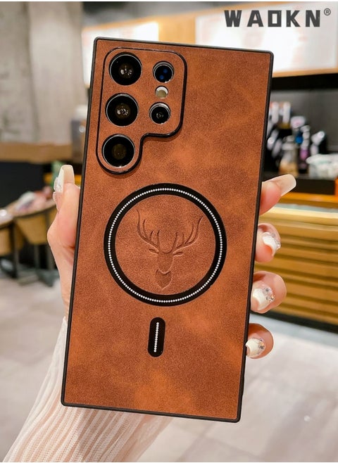 Lambskin Leather Elk Pattern Case For Samsung S23 Ultra Shockproof Magnetic For Magsafe Wireless Charge Cover Soft Faux Leather Phone Case,[Compatible with Mag-Safe] Premium Protective Cover (Brown)