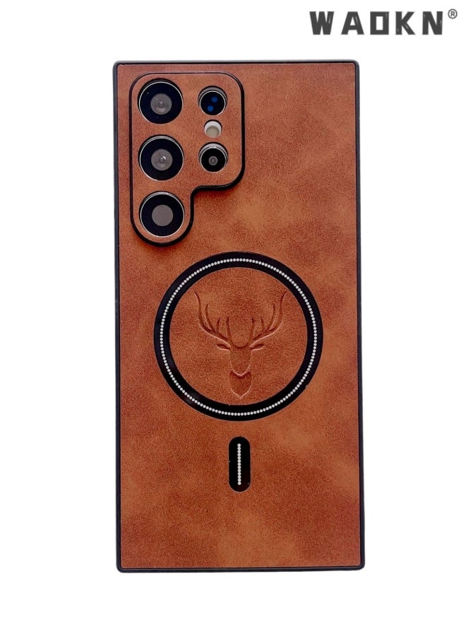 WAOKN Lambskin Leather Elk Pattern Case For Samsung S23 Ultra Shockproof Magnetic For Magsafe Wireless Charge Cover Soft Faux Leather Phone Case,[Compatible with Mag-Safe] Premium Protective Cover (Brown)  - Image 2