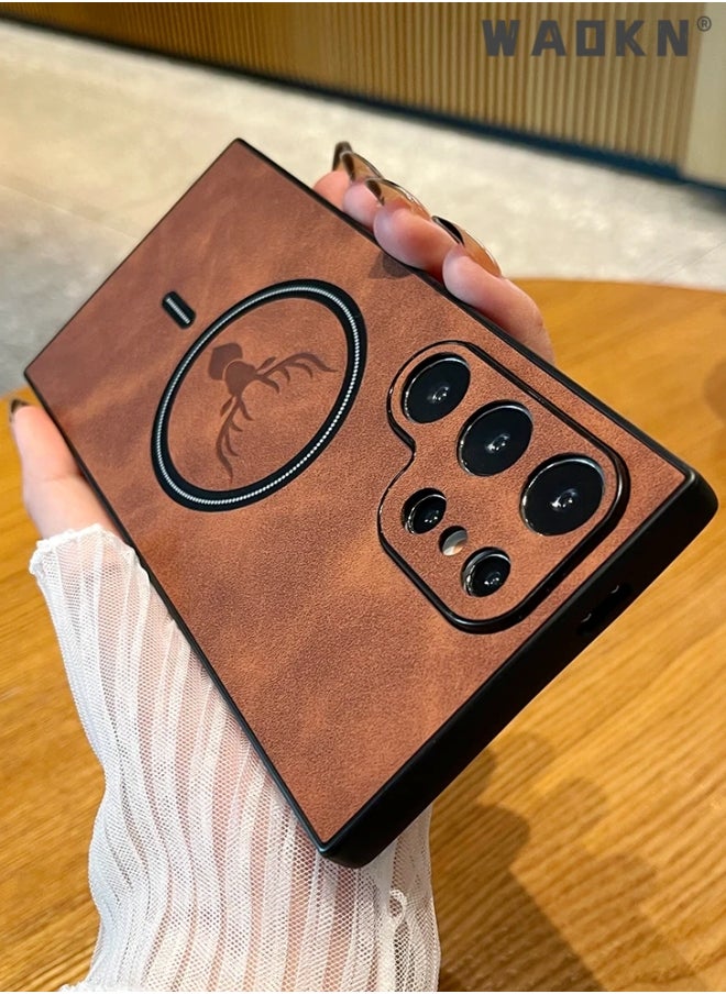 WAOKN Lambskin Leather Elk Pattern Case For Samsung S23 Ultra Shockproof Magnetic For Magsafe Wireless Charge Cover Soft Faux Leather Phone Case,[Compatible with Mag-Safe] Premium Protective Cover (Brown)  - Image 4
