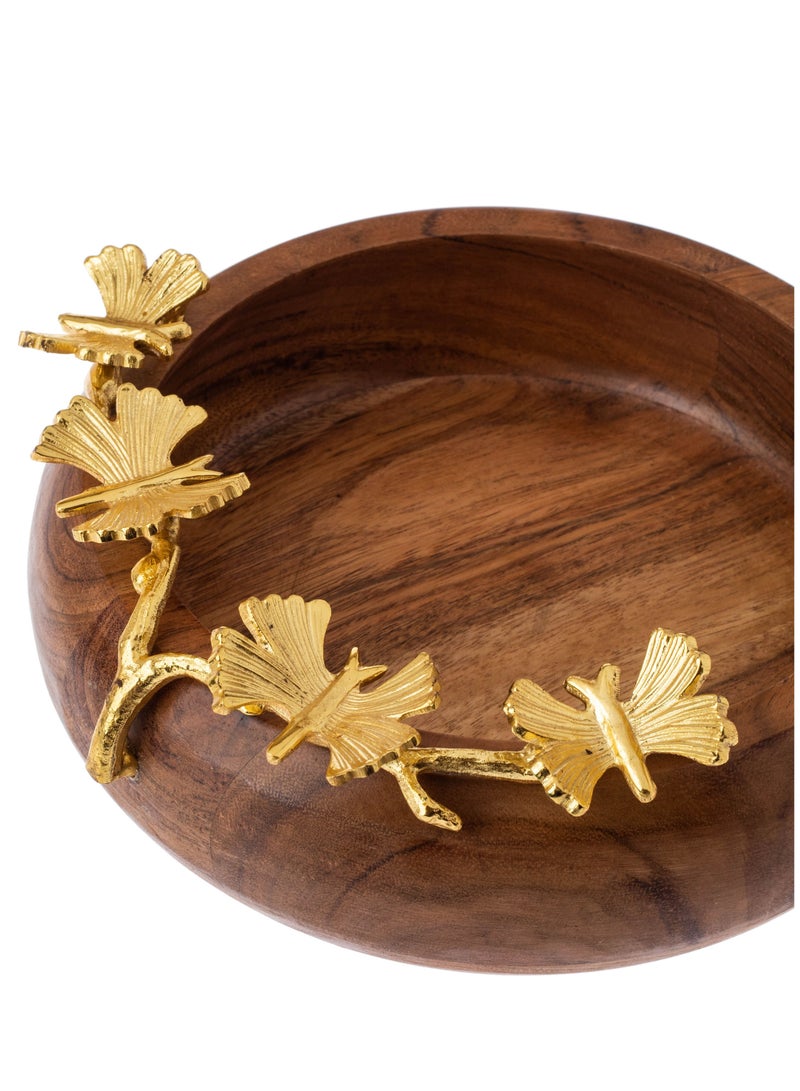 Dania Round serving dish made of beech wood with multi-use golden butterfly decor - Image 4