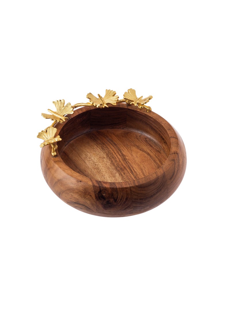 Dania Round serving dish made of beech wood with multi-use golden butterfly decor - Image 1