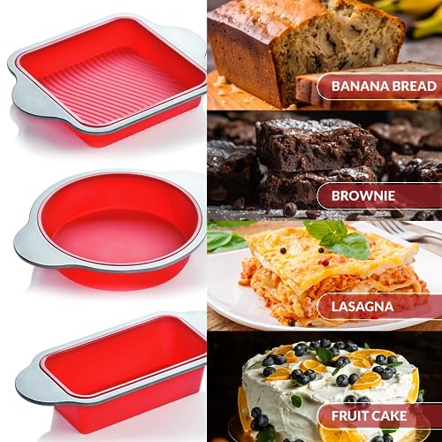 Boxiki Kitchen Silicone Baking Pans Set. 3 PCS Professional Non-Stick Baking Cake Pans Set includes Silicone Round Cake Pan, Square Cake Pan and Bread Loaf Pan. - Image 4