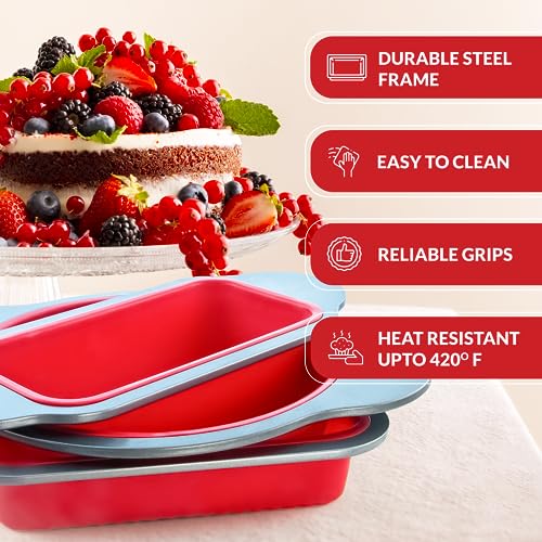 Boxiki Kitchen Silicone Baking Pans Set. 3 PCS Professional Non-Stick Baking Cake Pans Set includes Silicone Round Cake Pan, Square Cake Pan and Bread Loaf Pan. - Image 2