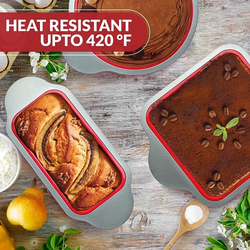Boxiki Kitchen Silicone Baking Pans Set. 3 PCS Professional Non-Stick Baking Cake Pans Set includes Silicone Round Cake Pan, Square Cake Pan and Bread Loaf Pan. - Image 3