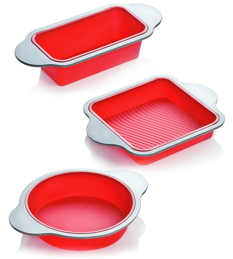 Boxiki Kitchen Silicone Baking Pans Set. 3 PCS Professional Non-Stick Baking Cake Pans Set includes Silicone Round Cake Pan, Square Cake Pan and Bread Loaf Pan. - Image 1
