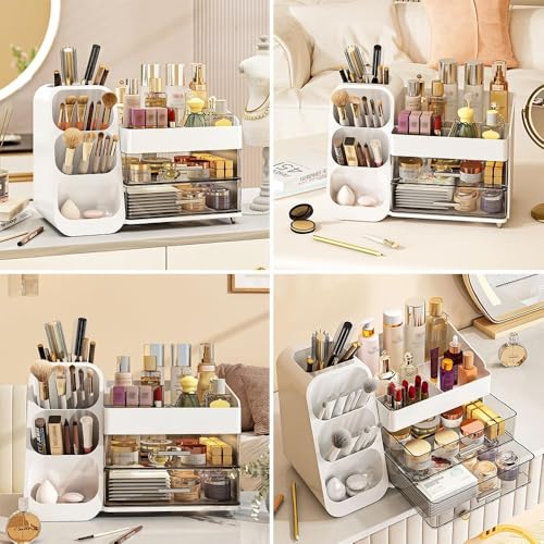 VDNSI Makeup Organizer Storage Box for Countertop Cosmetics Beauty Shelf Organizer Skincare Organizer with Clear Lid Display for Easy Visibility and Drawers for Vanity, Dresser (Pink) - Image 4