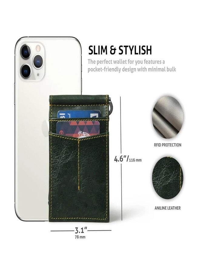 MaheTri Finley Money Clipper | Leather Wallets for Men with Strong Metal Clip | RFID Money Clip Wallet | Men's Front Pocket Minimalist Wallet (Green) - Image 3