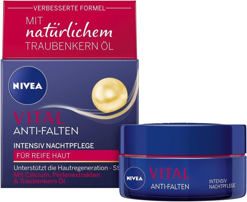 NIVEA Vital Intensive Night Cream 50 ml Rich Moisturiser with Calcium Pearl Extracts and Natural Grape Seed Oil Regeneration of the Skin Overnight