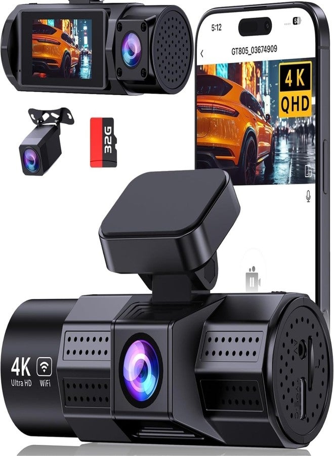 TUIFAC 4K 3 Channel Dash Cam Front and Rear Inside, Wi-Fi Full HD Dash Camera for Cars, WDR Night Vision, 2 inch IPS Screen 32GB SD Card Included App Control, Parking Mode G-Sensor Support 256 GB Max - Image 1