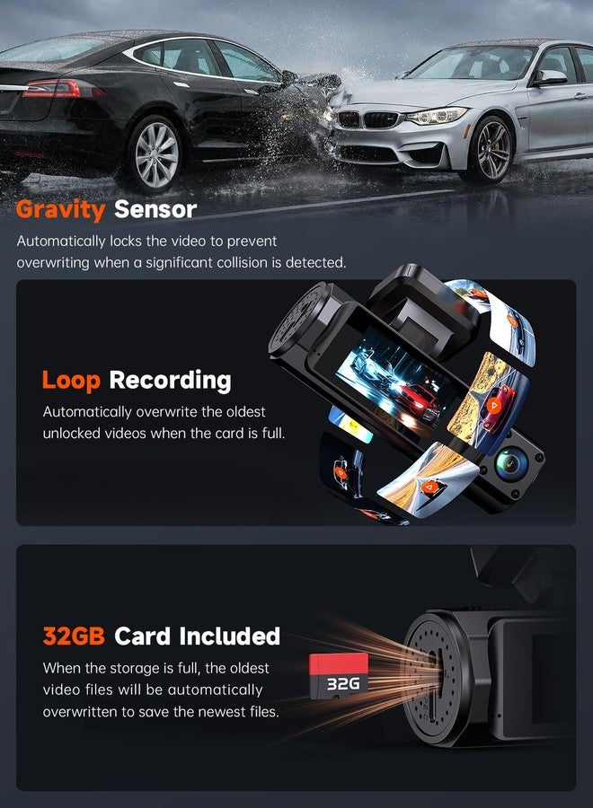 TUIFAC 4K 3 Channel Dash Cam Front and Rear Inside, Wi-Fi Full HD Dash Camera for Cars, WDR Night Vision, 2 inch IPS Screen 32GB SD Card Included App Control, Parking Mode G-Sensor Support 256 GB Max - Image 3