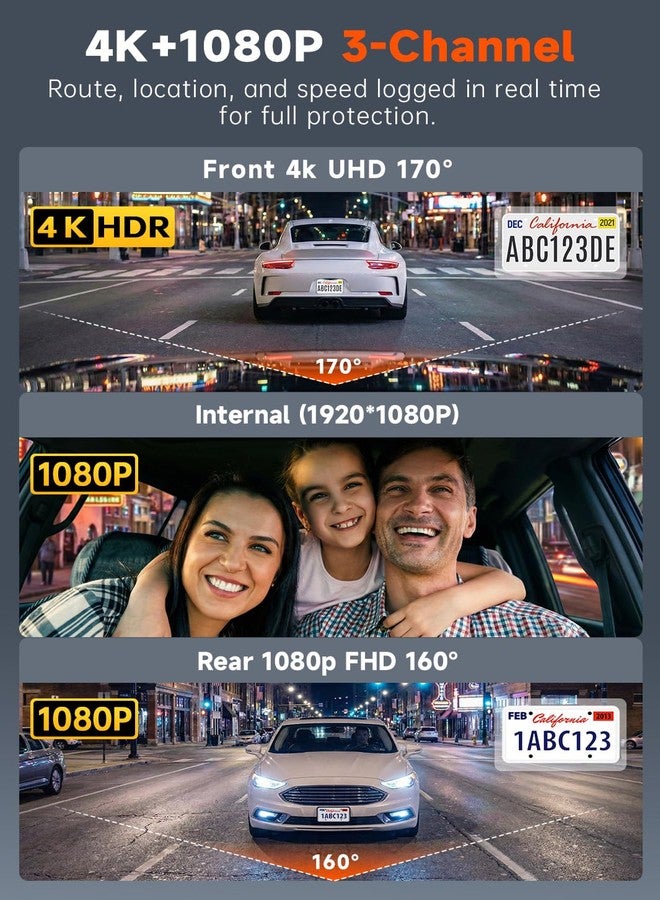TUIFAC 4K 3 Channel Dash Cam Front and Rear Inside, Wi-Fi Full HD Dash Camera for Cars, WDR Night Vision, 2 inch IPS Screen 32GB SD Card Included App Control, Parking Mode G-Sensor Support 256 GB Max - Image 2