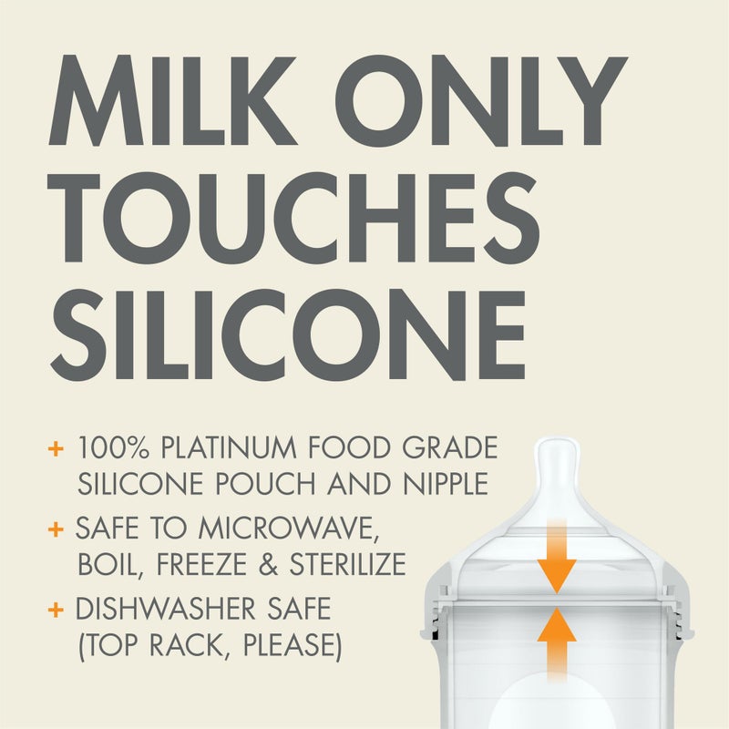 Boon Nursh Reusable Silicone Pouch Baby Bottles - Medium Flow Nipple - Silicone Baby Bottle Pouch and Nipple - Baby Feeding Essentials - Gray - 3-6 Months - 3 Count - 8 Ounce - Image 4