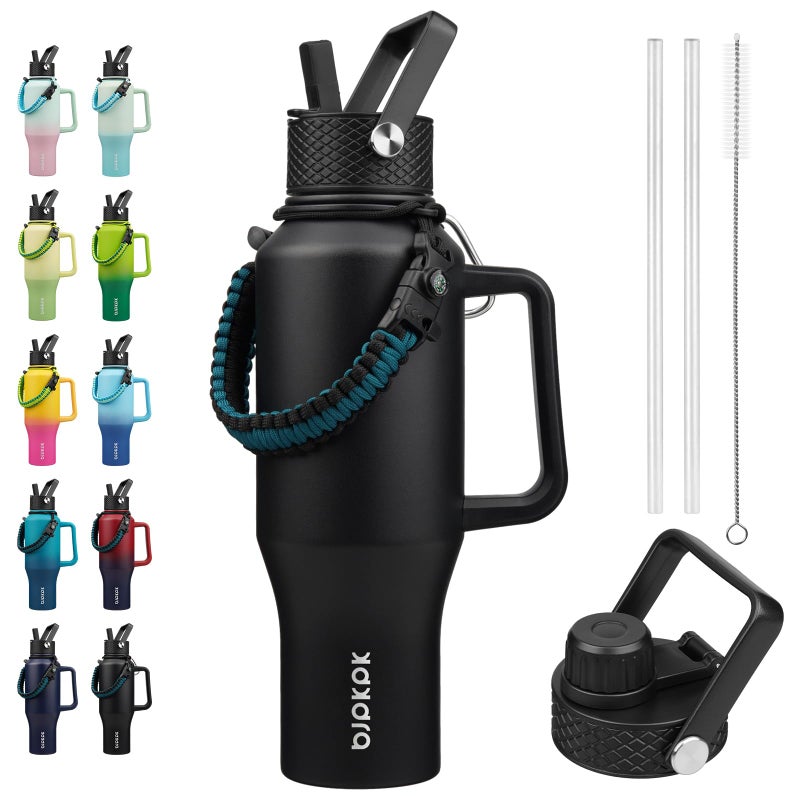 Bjpkpk Insulated Water Bottles With Straw Lid  35Oz Metal Water Bottle With 2 Lids & Paracord Strap  Double Wall Stainless Steel Tumbler With Handle  Reusable Cups  Mugs  Thermo  Black - Image 1