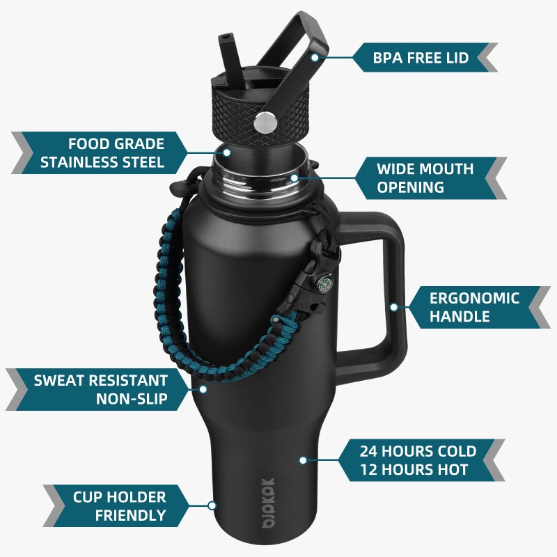 Bjpkpk Insulated Water Bottles With Straw Lid  35Oz Metal Water Bottle With 2 Lids & Paracord Strap  Double Wall Stainless Steel Tumbler With Handle  Reusable Cups  Mugs  Thermo  Black - Image 2