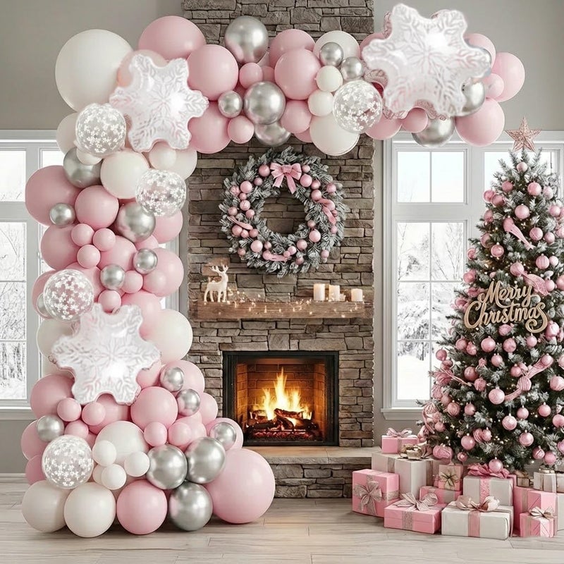besttideyes 143 Pcs Pink Winter Wonderland Balloon Garland Arch Kit Pink White Silver Snowflake Balloon for Snowflake Party Cold Outside Decor Christmas Princess GirlPrincess Shower Birthday Party - Image 3