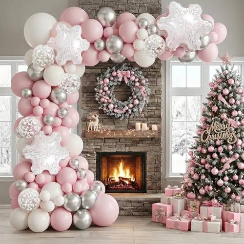 besttideyes 143 Pcs Pink Winter Wonderland Balloon Garland Arch Kit Pink White Silver Snowflake Balloon for Snowflake Party Cold Outside Decor Christmas Princess GirlPrincess Shower Birthday Party - Image 1