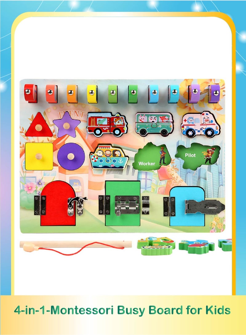 Montessori Busy Board Toys for Toddlers 1-6 | 4-in-1 Wooden Sensory Board with Numbers, Shapes, Locks & Vehicles - Multifunctional Educational Learning Activity Center - Image 1