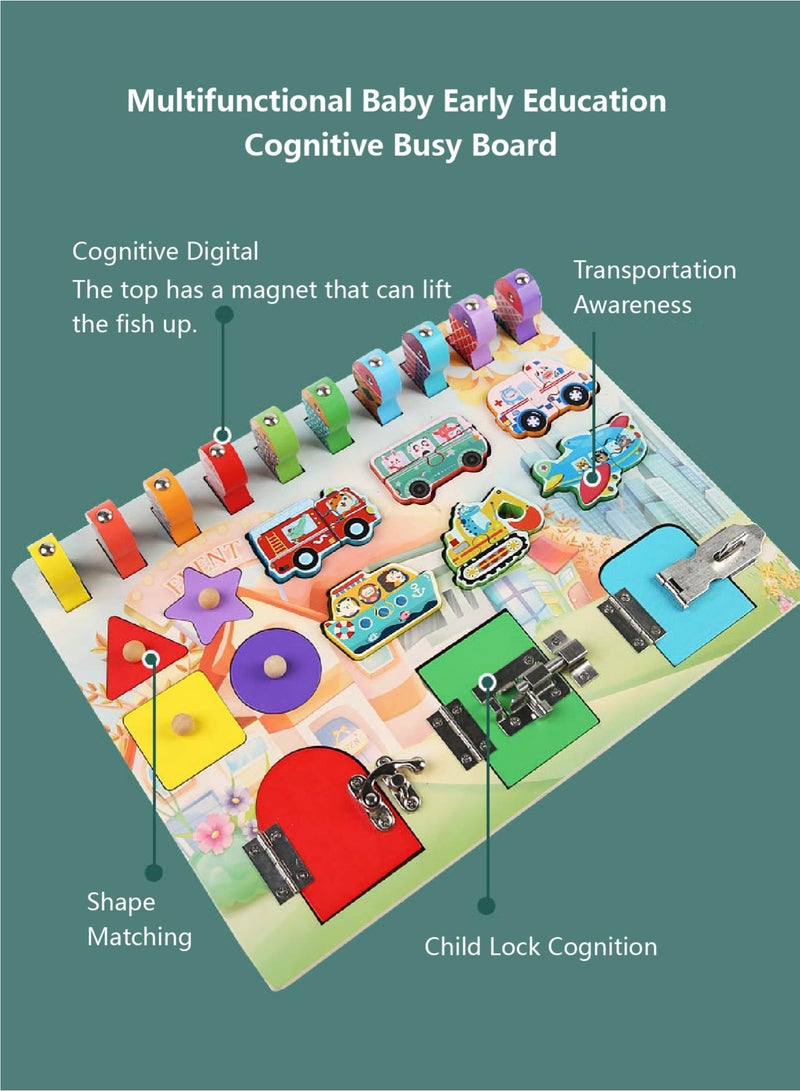 Montessori Busy Board Toys for Toddlers 1-6 | 4-in-1 Wooden Sensory Board with Numbers, Shapes, Locks & Vehicles - Multifunctional Educational Learning Activity Center - Image 2
