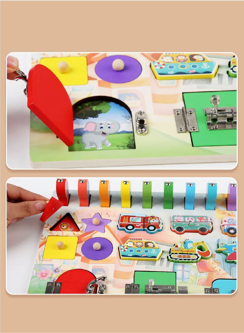 Montessori Busy Board Toys for Toddlers 1-6 | 4-in-1 Wooden Sensory Board with Numbers, Shapes, Locks & Vehicles - Multifunctional Educational Learning Activity Center - Image 5