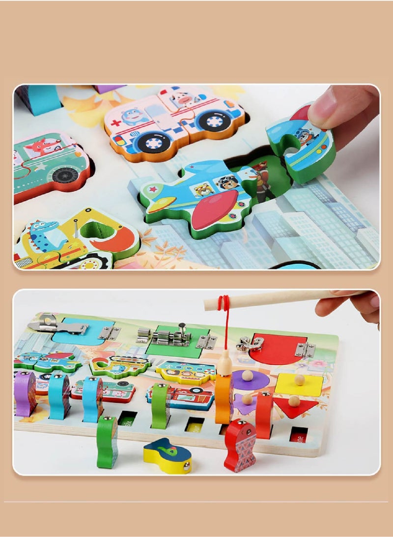 Montessori Busy Board Toys for Toddlers 1-6 | 4-in-1 Wooden Sensory Board with Numbers, Shapes, Locks & Vehicles - Multifunctional Educational Learning Activity Center - Image 4