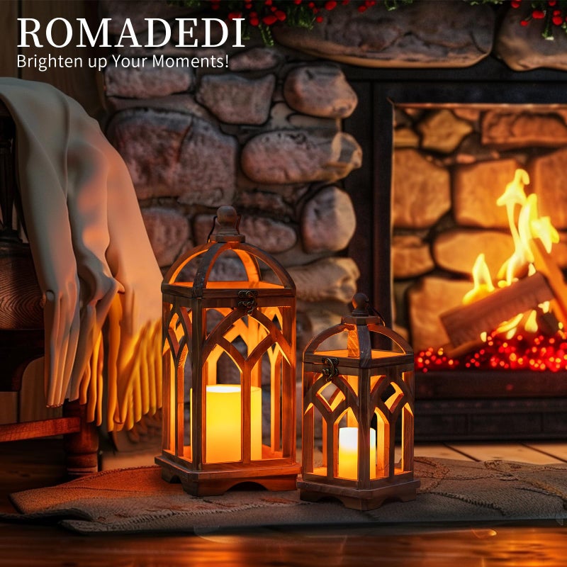 Romadedi Farmhouse Candle Lantern Wooden - 12" / 16" Set of 2 Decorative Rustic Wood Candle Holder Home Decor Decoration Wedding Table Centerpiece, Brown - Image 4