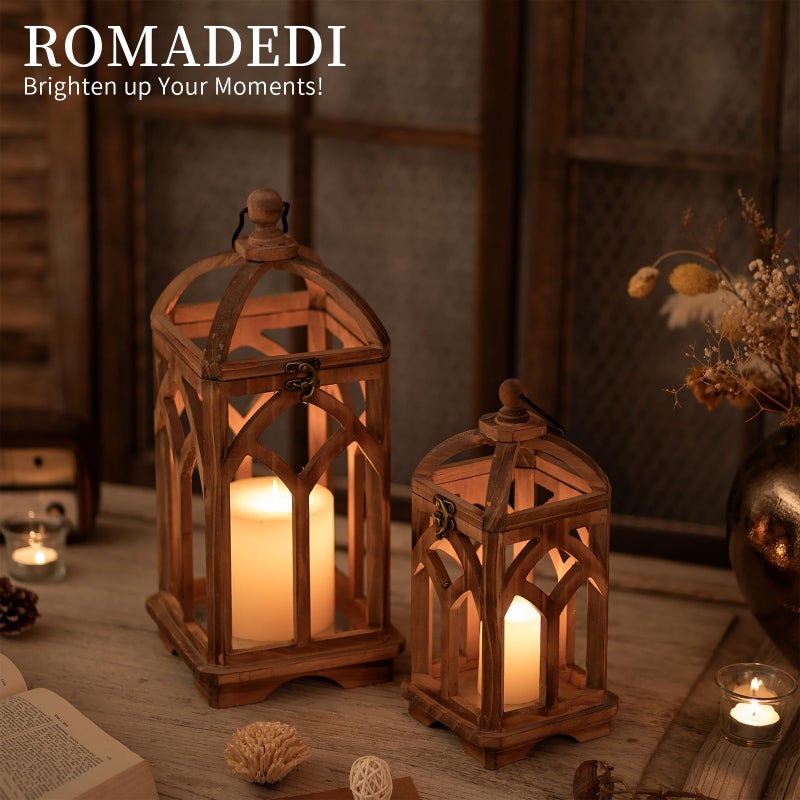 Romadedi Farmhouse Candle Lantern Wooden - 12" / 16" Set of 2 Decorative Rustic Wood Candle Holder Home Decor Decoration Wedding Table Centerpiece, Brown - Image 3