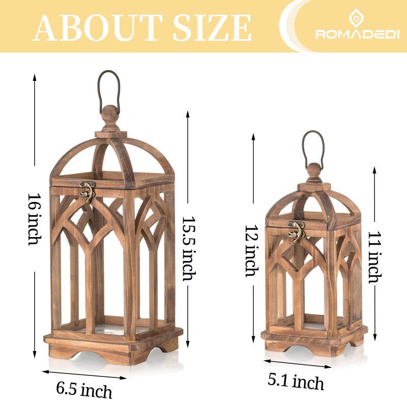 Romadedi Farmhouse Candle Lantern Wooden - 12" / 16" Set of 2 Decorative Rustic Wood Candle Holder Home Decor Decoration Wedding Table Centerpiece, Brown - Image 5